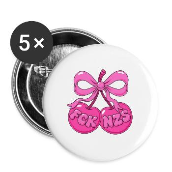 Pinke Kirschen mit Schleife - Statement FCK NZS - Buttons groß 56 mm (5er Pack) - Weiß - Vorne