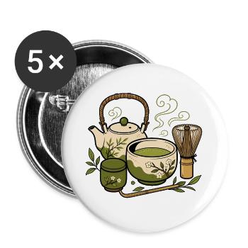 Japanisches Tee Set Matcha Besen Zen Vektor Shirt - Buttons groß 56 mm (5er Pack) - Weiß - Vorne