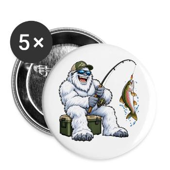 Fröhlicher Yeti beim Angeln – Lustiges Outdoor Mot - Buttons groß 56 mm (5er Pack) - Weiß - Vorne