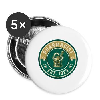 Vintage Apotheker-Mörser-Stößel Hygieia-Abzeichen - Buttons groß 56 mm (5er Pack) - Weiß - Vorne
