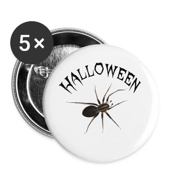 Halloween Spinne - Schriftzug im Grusel-Look - Buttons groß 56 mm (5er Pack) - Weiß - Vorne