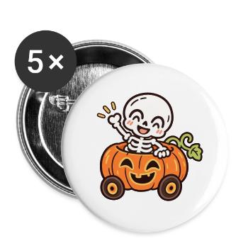 Lustiges Skelett im Kürbisauto – Halloween - Buttons groß 56 mm (5er Pack) - Weiß - Vorne