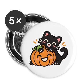 Süße schwarze Katze mit Halloween Kürbis - Buttons groß 56 mm (5er Pack) - Weiß - Vorne