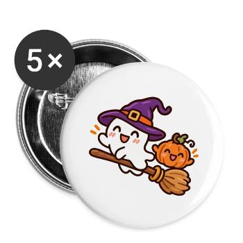 Süßer Hexengeist auf Besen – Halloween - Buttons groß 56 mm (5er Pack) - Weiß - Vorne