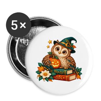 Halloween-Eule zwischen Büchern und Kürbis - Buttons groß 56 mm (5er Pack) - Weiß - Vorne