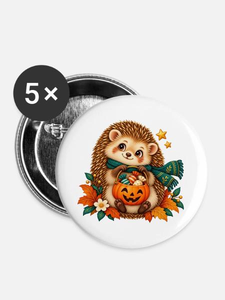 Igel-Herbst-Kürbis Halloween - Buttons groß 56 mm (5er Pack) - Weiß