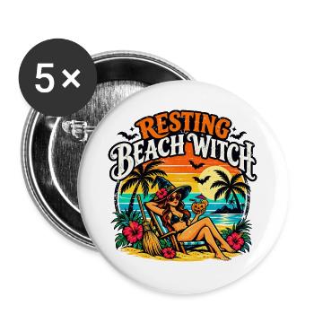 Resting Beach Witch Tropisches lustiges Halloween - Buttons groß 56 mm (5er Pack) - Weiß - Vorne