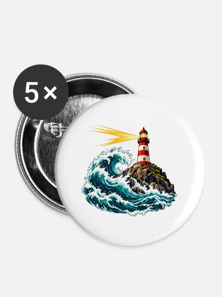 Leuchtturm über einer schwingenden Welle - Buttons groß 56 mm (5er Pack) - Weiß