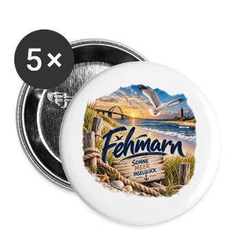 Föhr Inselglück Strandmotiv - Buttons groß 56 mm (5er Pack) - Weiß - Vorne