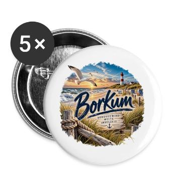 Borkum Küstenzauber Strand Leuchtturm - Buttons groß 56 mm (5er Pack) - Weiß - Vorne