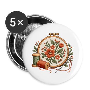 Stickrahmen mit Blumen - Motiv für Stickfans - Buttons groß 56 mm (5er Pack) - Weiß - Vorne