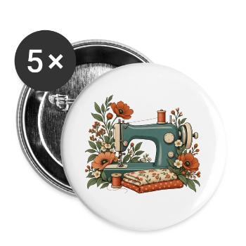 Nähmaschine mit Blumen - Vintage Nähen - Buttons groß 56 mm (5er Pack) - Weiß - Vorne