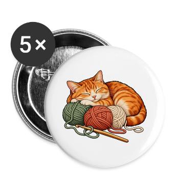 Häkeln und Katzen - Katze mit Wollknäueln - Buttons groß 56 mm (5er Pack) - Weiß - Vorne
