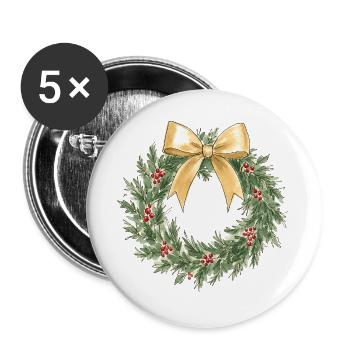 Eleganter goldener Weihnachtskranz mit Schleife - Buttons groß 56 mm (5er Pack) - Weiß - Vorne
