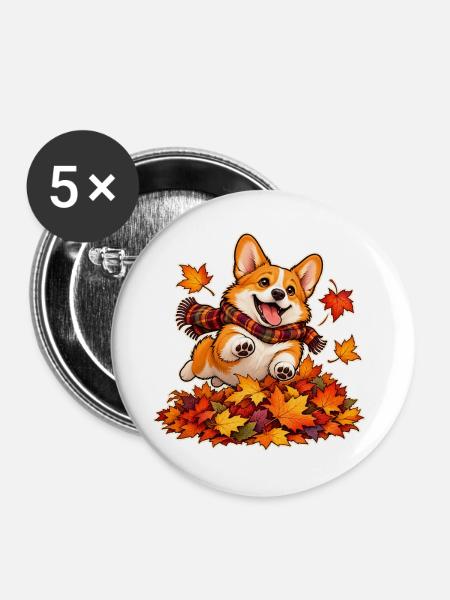 Herbstlicher Corgi-Laubhaufen - Buttons groß 56 mm (5er Pack) - Weiß