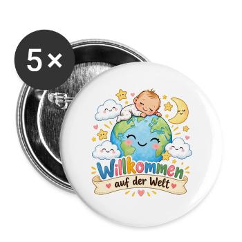 Willkommen auf der Welt Baby - Buttons groß 56 mm (5er Pack) - Weiß - Vorne