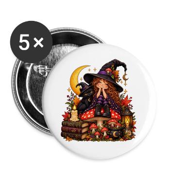 Niedliche Hexe mit schwarzer Katze - Buttons groß 56 mm (5er Pack) - Weiß - Vorne