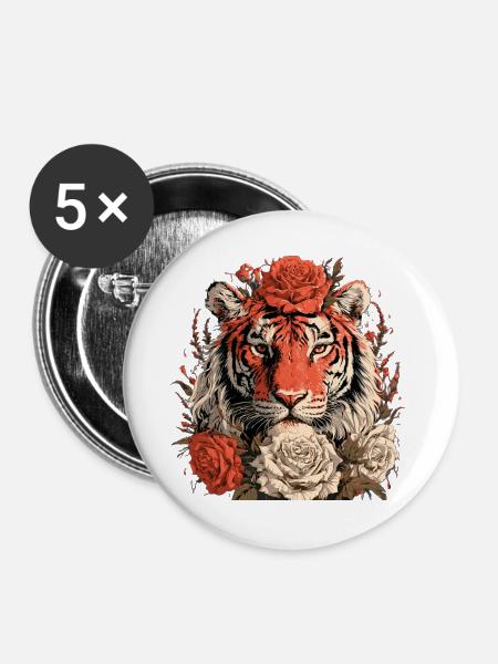Tiger mit Blumenkrone - Buttons groß 56 mm (5er Pack) - Weiß