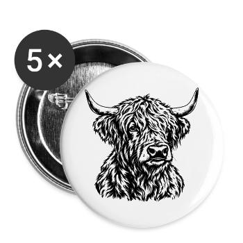 Schottisches Hochlandrind – Schwarz Weiß Gravur - Buttons groß 56 mm (5er Pack) - Weiß - Vorne