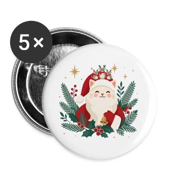 Weihnachtskatze mit Mäusen - Buttons groß 56 mm (5er Pack) - Weiß - Vorne