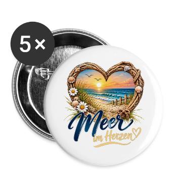 Meer im Herzen: Strandherz-Design - Buttons groß 56 mm (5er Pack) - Weiß - Vorne