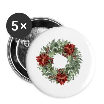 Winterkranz mit roten Poinsettien - Buttons groß 56 mm (5er Pack) - Weiß - Vorne