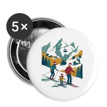 Bergabenteuer Familie auf Skiern - Buttons groß 56 mm (5er Pack) - Weiß - Vorne