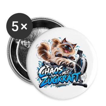 Chaos mit Zugkraft – Lustiger Fitness-Kater  - Buttons groß 56 mm (5er Pack) - Weiß - Vorne