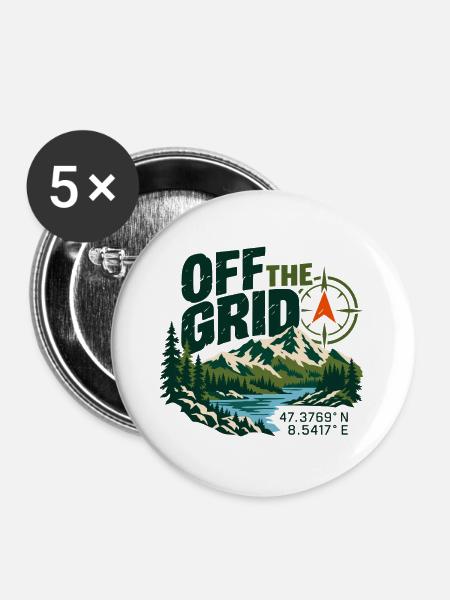 Off The Grid Berglandschaft Kompass - Buttons groß 56 mm (5er Pack) - Weiß