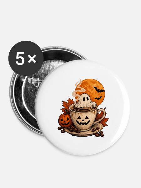 Halloween-Kaffee mit Spuk und Kürbiszauber - Buttons groß 56 mm (5er Pack) - Weiß