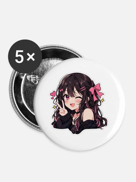 Kawaii Pink Bow Anime-Lächeln - Buttons groß 56 mm (5er Pack) - Weiß