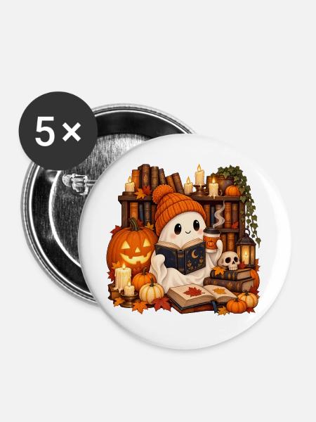 Gemütlicher Halloween-Bibliotheksgeist - Buttons groß 56 mm (5er Pack) - Weiß
