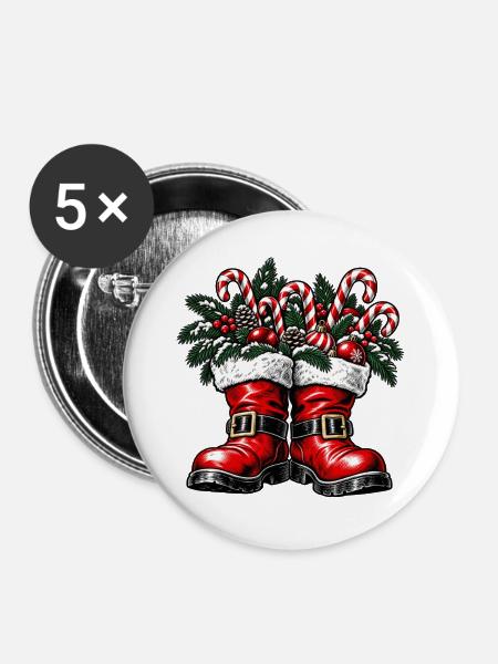 Festliche Stiefel mit Candycane Gesteck - Buttons groß 56 mm (5er Pack) - Weiß
