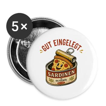 Pizza in Sardinen-Dose - Buttons groß 56 mm (5er Pack) - Weiß - Vorne