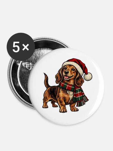 Winterhund mit Santa-Hut - Buttons groß 56 mm (5er Pack) - Weiß