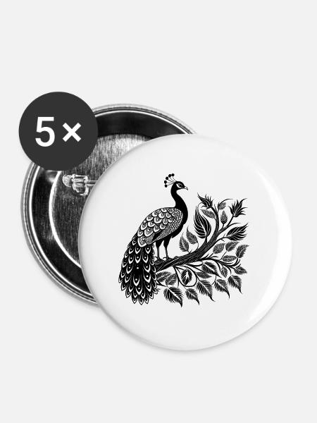 Einfacher Pfau auf Ast - Buttons groß 56 mm (5er Pack) - Weiß