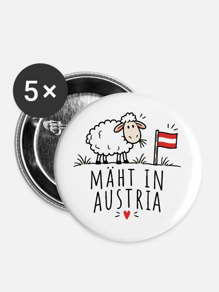 Mäht in Austria – Lustiges Schafmotiv - Buttons groß 56 mm (5er Pack) - Weiß