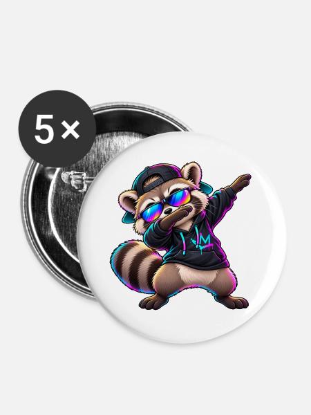 Waschbär mit Sonnenbrille – Cooler Dab Dance - Buttons groß 56 mm (5er Pack) - Weiß