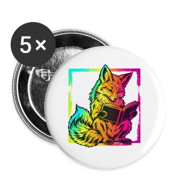 Lesender Fuchs – Neon Pop Art Bücherliebe - Buttons groß 56 mm (5er Pack) - Weiß - Vorne