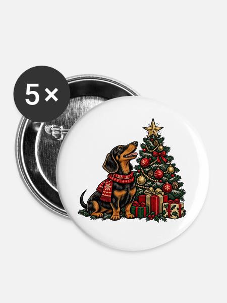 Dackel und Weihnachtsbaum Szene - Buttons groß 56 mm (5er Pack) - Weiß