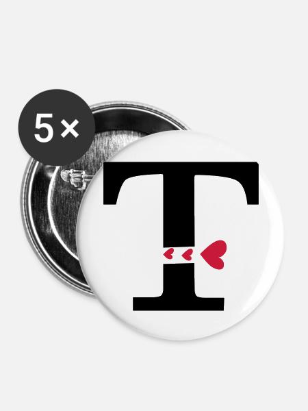 Capital letter T with hearts - Buttons large 2.2''/56 mm (5-pack) - white