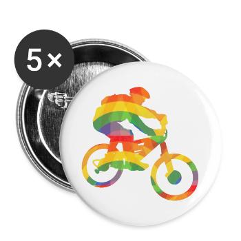Farbiger Biker / Bunter Mountainbiker - Buttons groß 56 mm (5er Pack) - Weiß - Vorne