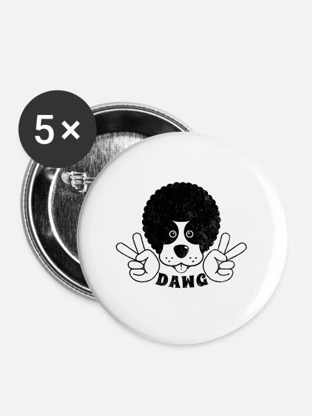 DAWG / Cool Funky Afro Friedenshund - Buttons groß 56 mm (5er Pack) - Weiß