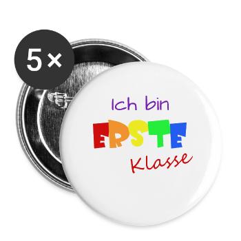 Ich bin erste Klasse Maske Einschulung Schulkind - Buttons groß 56 mm (5er Pack) - Weiß - Vorne