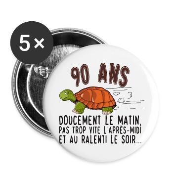 90 ans tortue anniversaire doucement vite ralenti - Lot de 5 grands badges (56 mm) - blanc - Devant