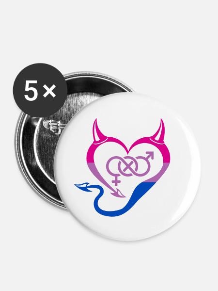 Teufelsherz Bisexuell mit Symbol - Buttons groß 56 mm (5er Pack) - Weiß
