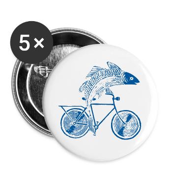 Fish with bicycle /motive in blue, white and black - Buttons large 2.2''/56 mm (5-pack) - white - Front