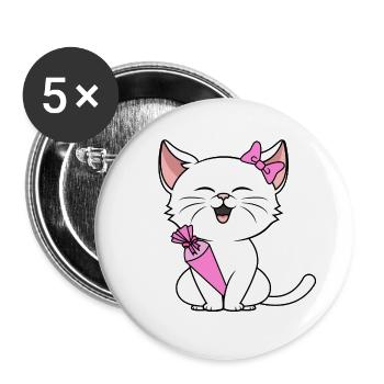 Schulkind Mädchen Einschulung Katze mit Schultüte - Buttons groß 56 mm (5er Pack) - Weiß - Vorne