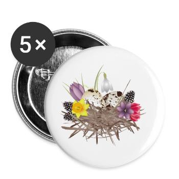 Nid de printemps avec des œufs, des plumes et des fleurs de printemps - Lot de 5 grands badges (56 mm) - blanc - Devant