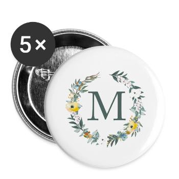 Personalisierbar Monogramm M Blumen Kreis Frühling - Buttons groß 56 mm (5er Pack) - Weiß - Vorne
